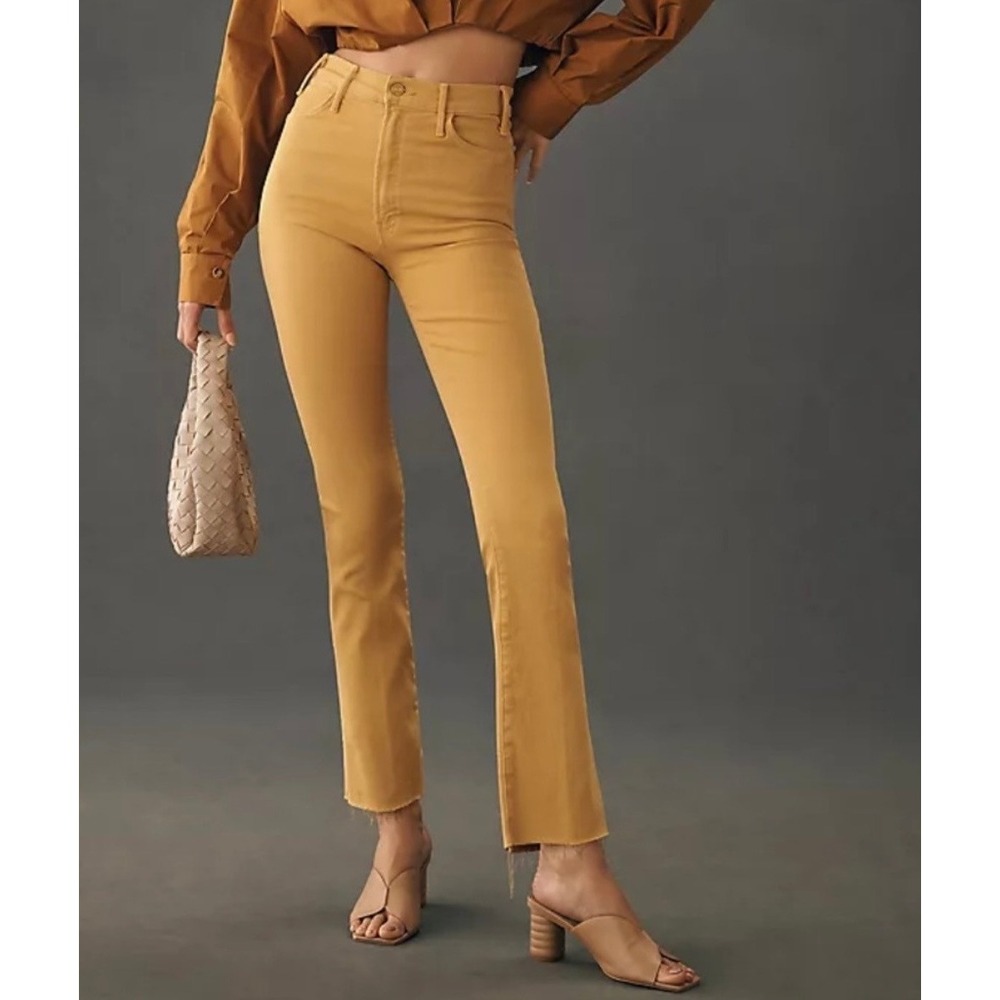 MOTHER Denim The Hustler Ankle Fray Mustard Yellow High Rise Jeans Slim Flare